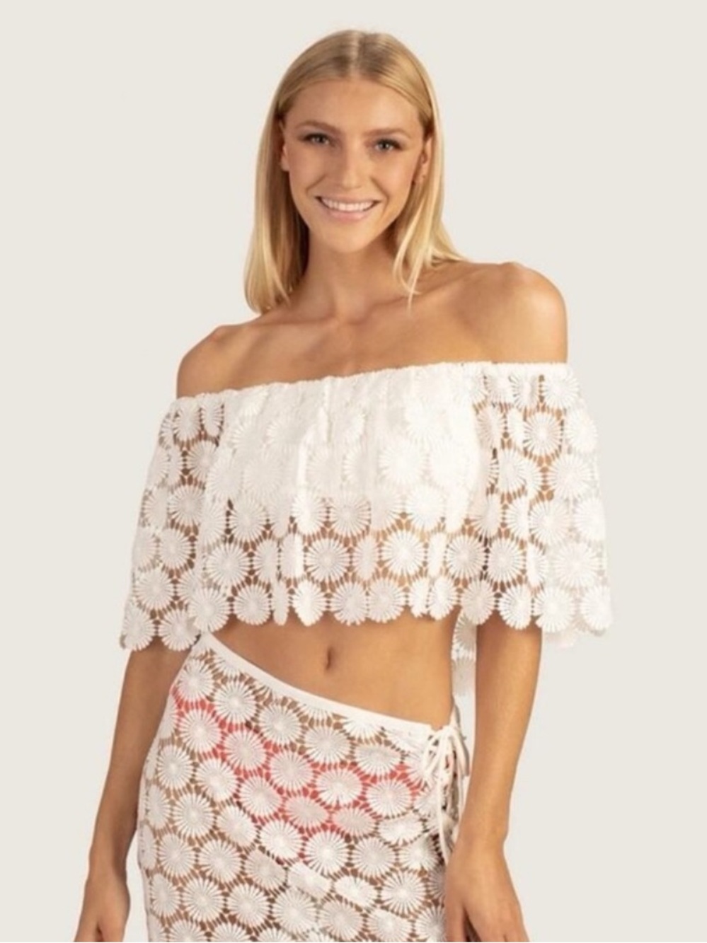 Trina Turk Bardot Daisy Crochet Off the Shoulder Top Size Medium White